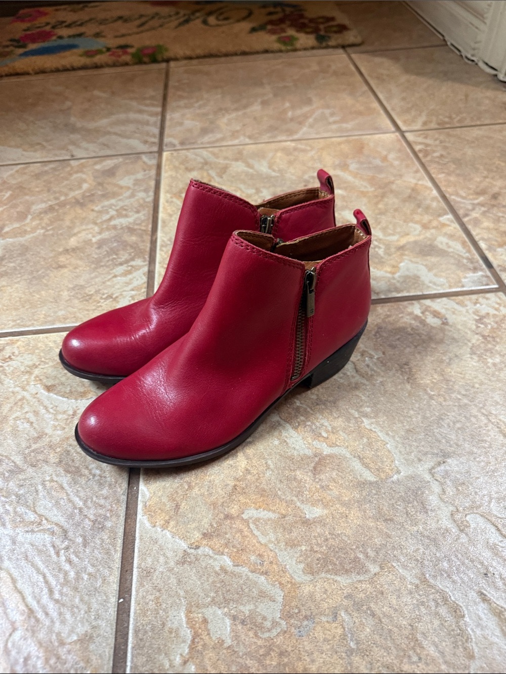 Lucky Brand Red Leather Ankle Booties with Side Zip